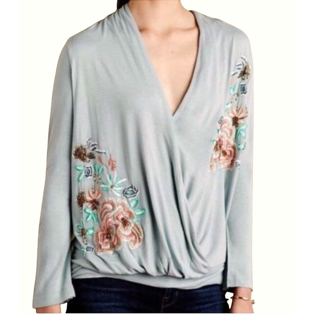 Akemi + Kin Green Blue Floral Embroidered‎ Long Sleeve Faux Wrap Top Blouse